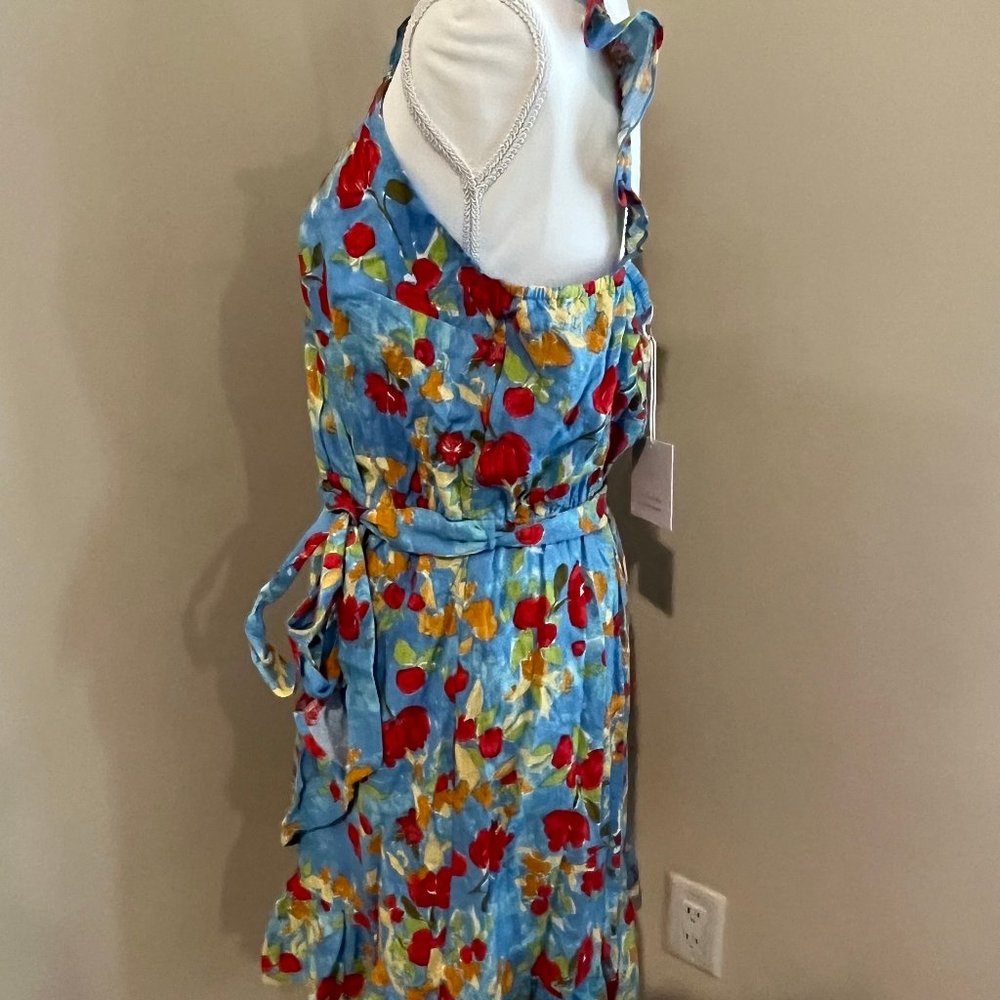 LC LAUREN CONRAD floral WRAP DRESS sleeveless BELT blue SIZE xxl - Picture 10 of 13